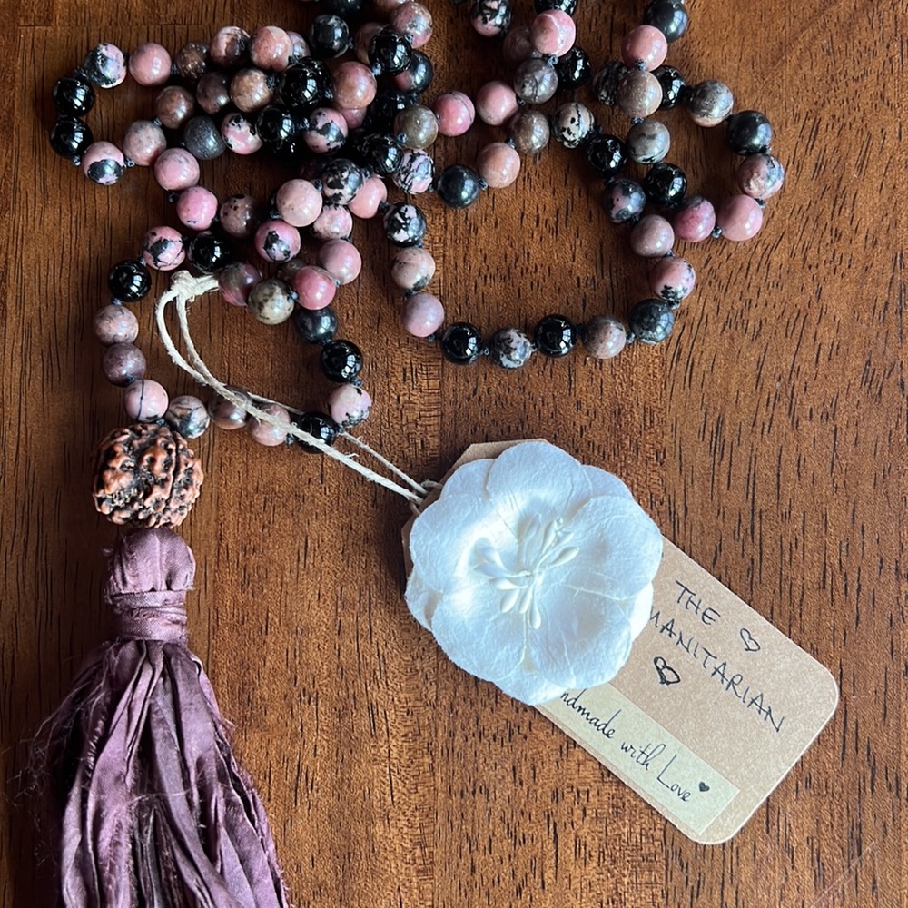 "The Humanitarian": Handmade Rhodonite & Black Onyx Mala with Silk Tassel